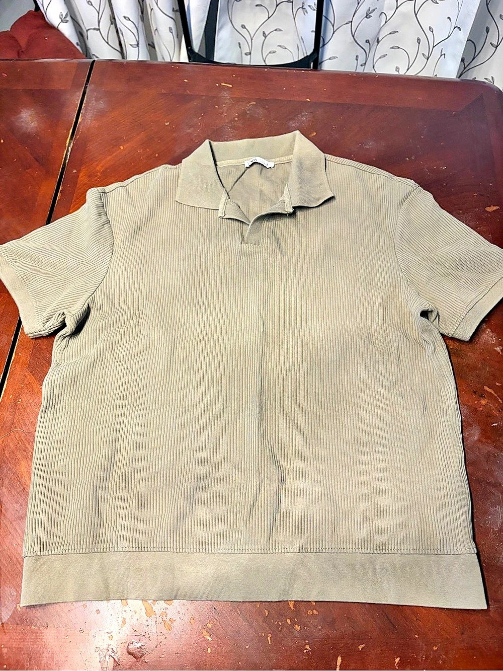 Zara Ribbed Knit Polo Shirt Green Large